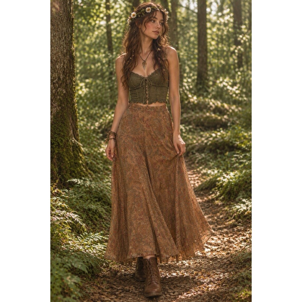 VTG Charter Club Silk Paisley Forest Fairy Skirt Sz 4 Y2K Earthy Boho Folk Brown